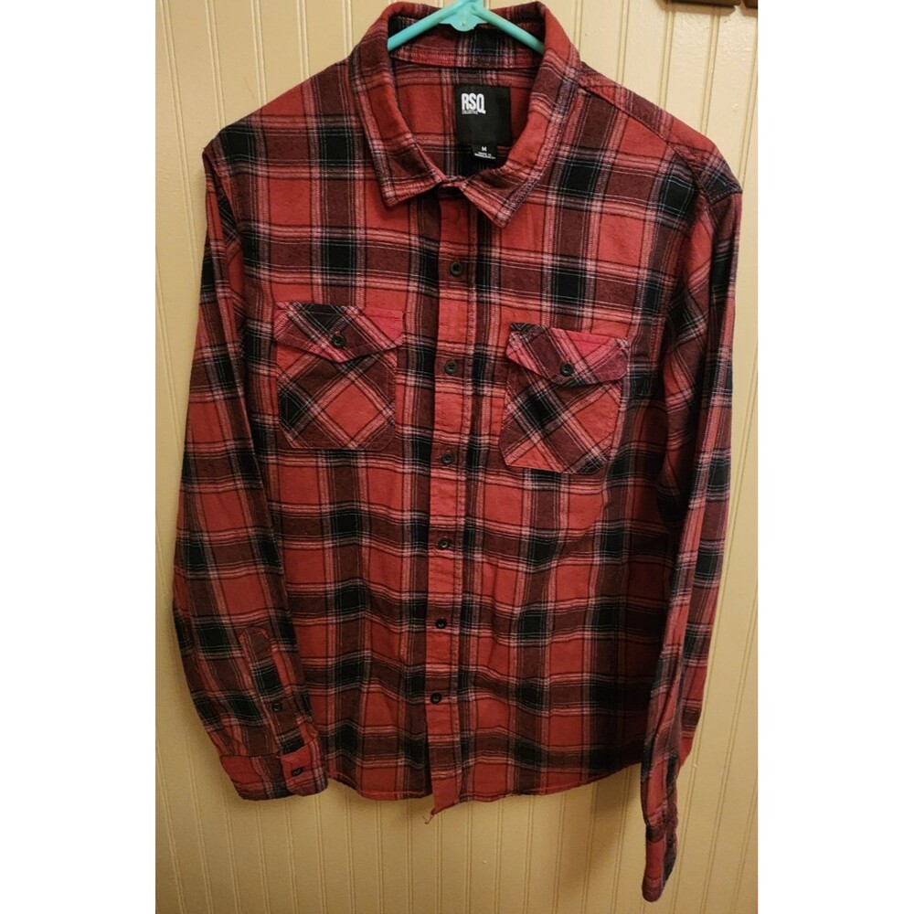 RSQ Collective Long Sleeve Button-Up Flannel Black Red Men' Shirt Size M